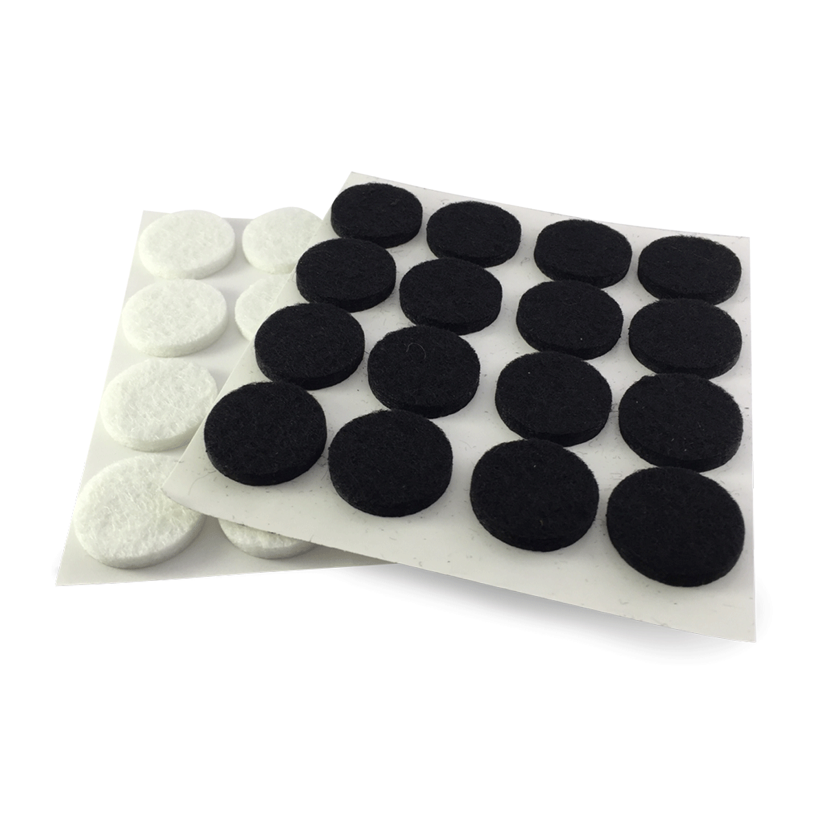 Et ark sort og et ark hvid selvklæbende filtpuder - 16 stk. på hver. 